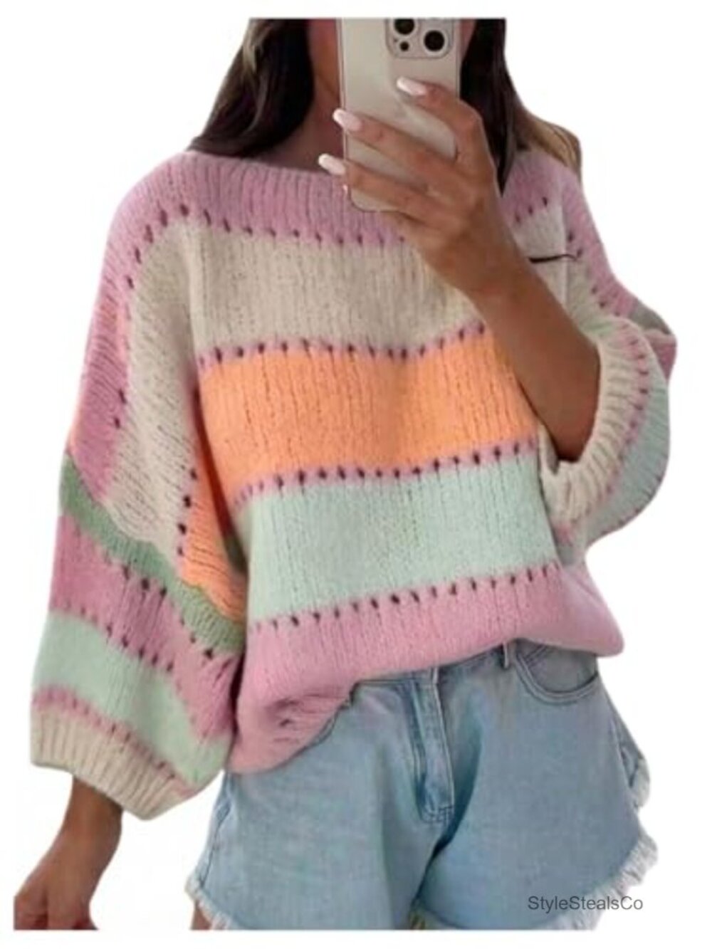 Striped Oversized Chunky Knit Pullover Sweater 3/4 Sleeve